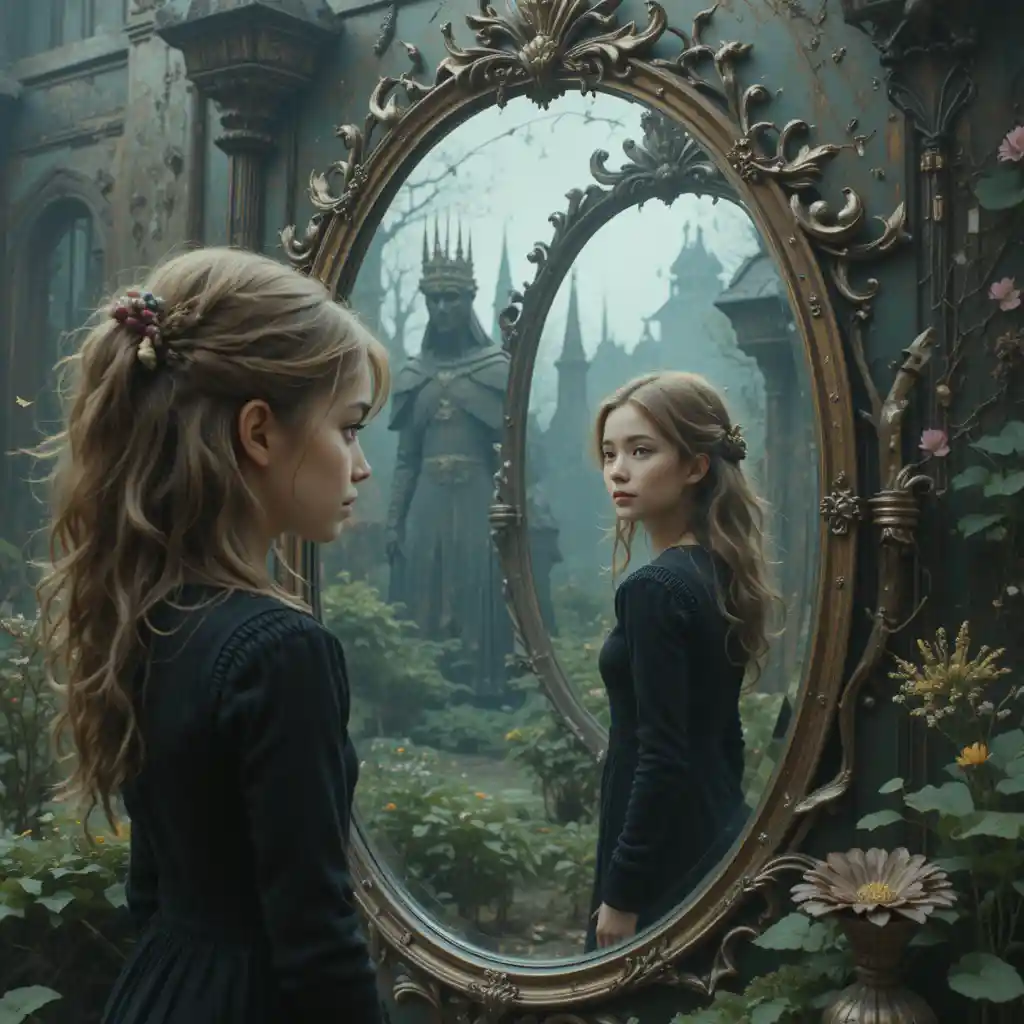 Girl facing her mysterious opposite self in a mirror