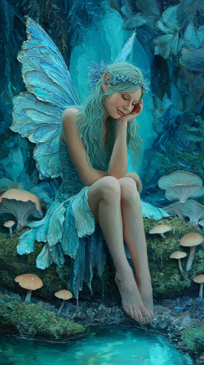 Water fairy resting on mossy stone in enchanted grotto