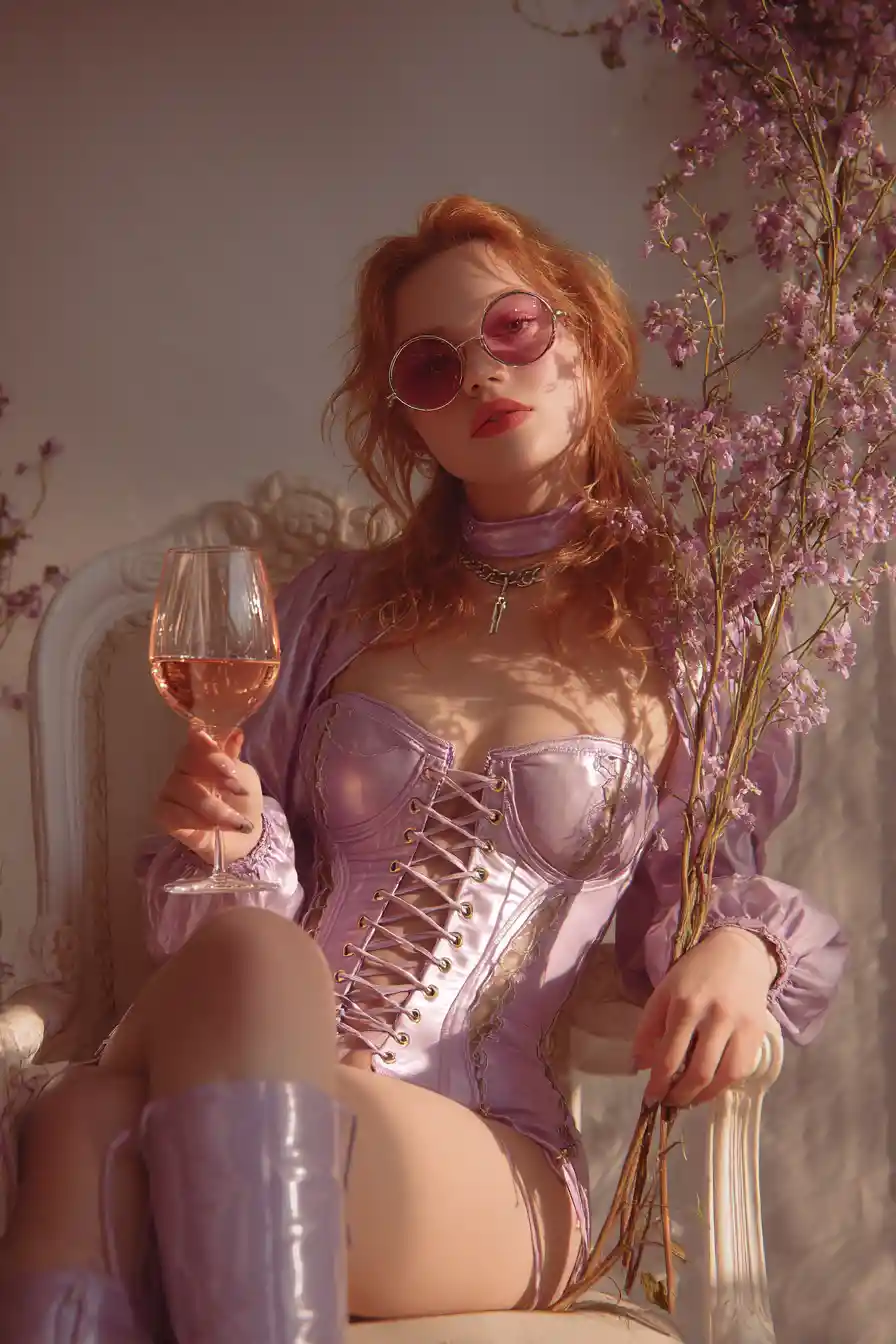 Reclining woman in violet fashion with wine glass