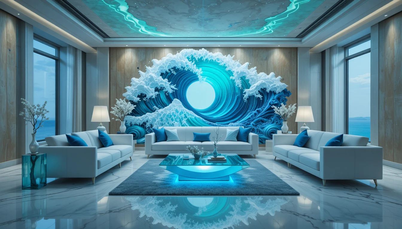 Futuristic living room with luminous 3D ocean wave mural