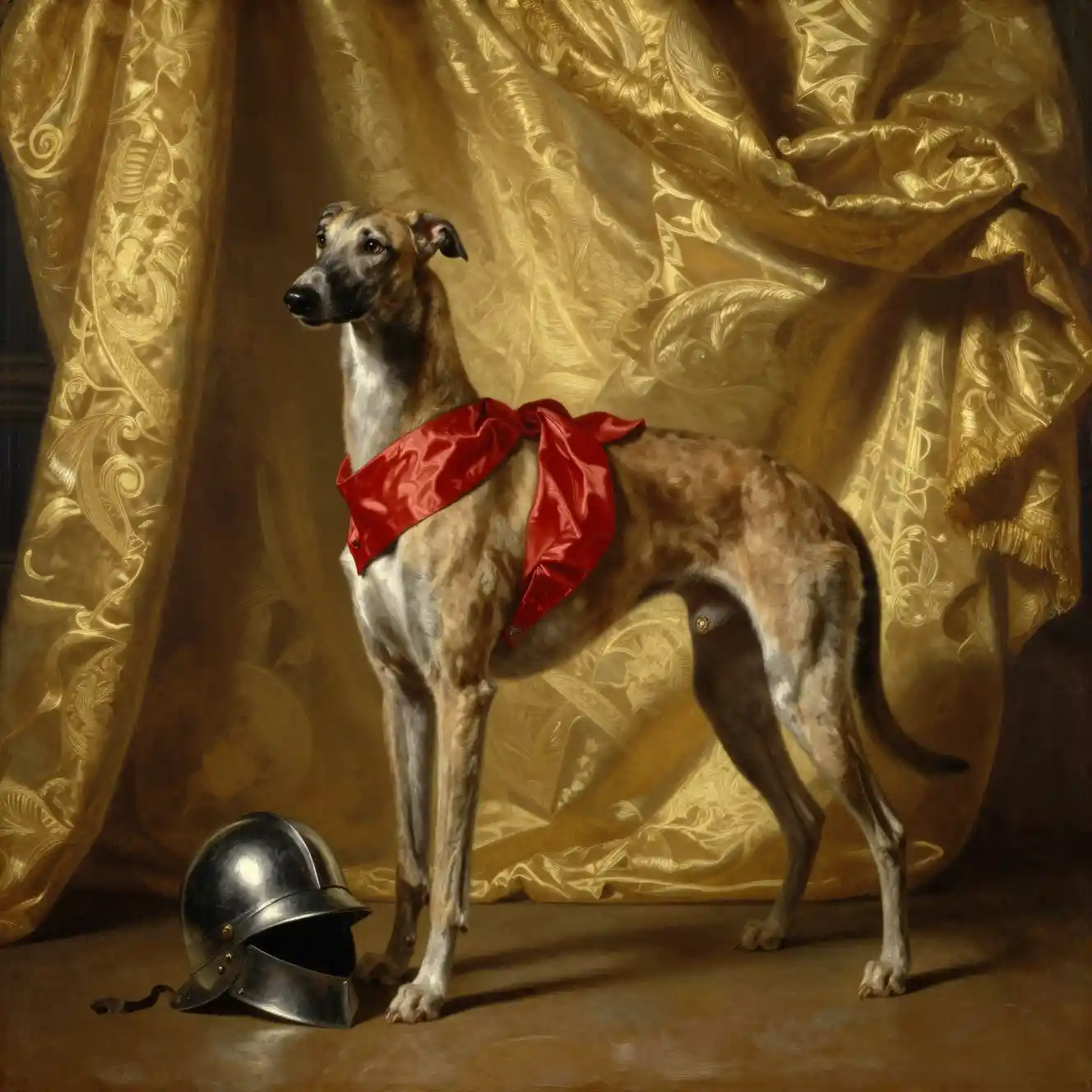 Baroque oil painting of a noble greyhound commander