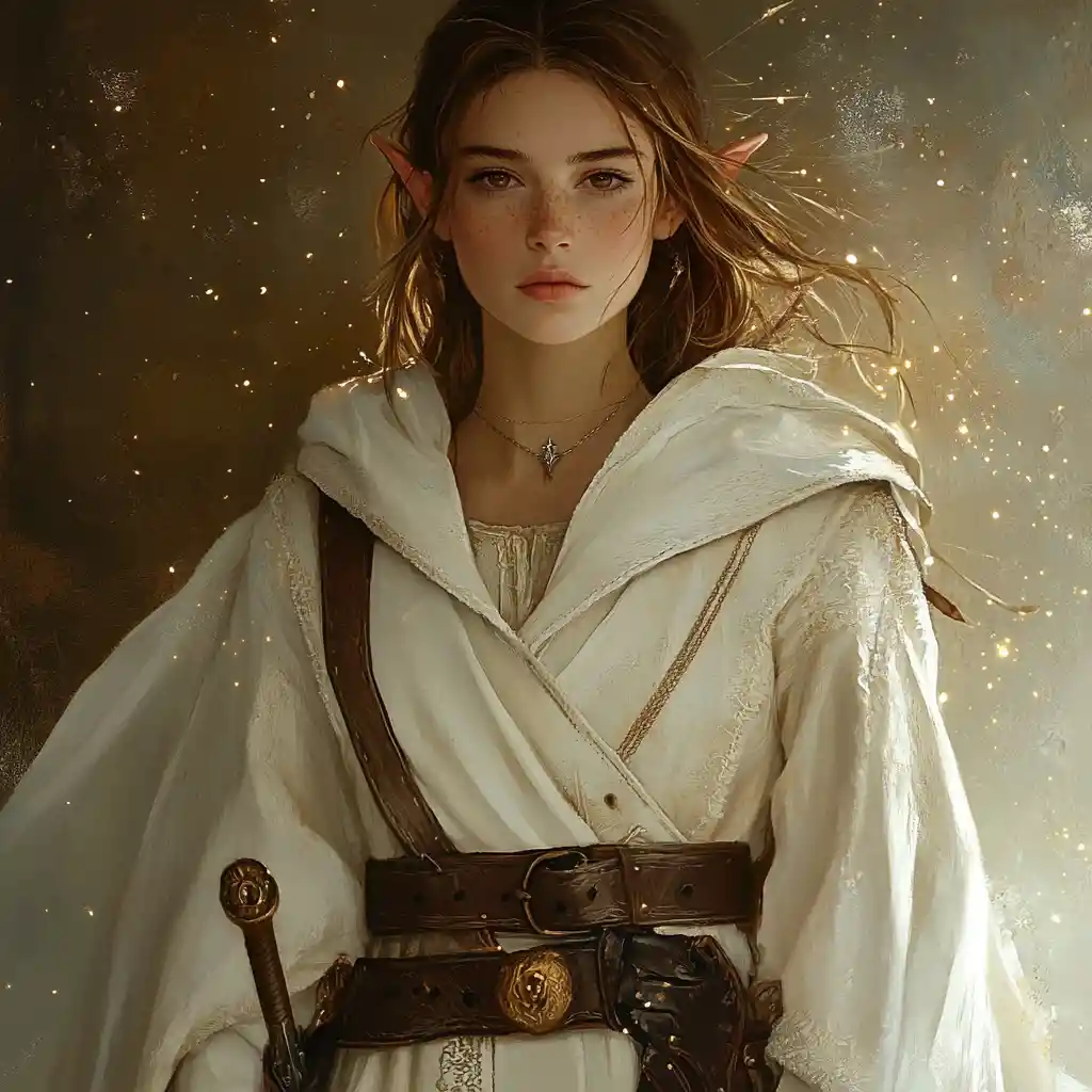 Elf witch healer in cream robes with warm brown eyes