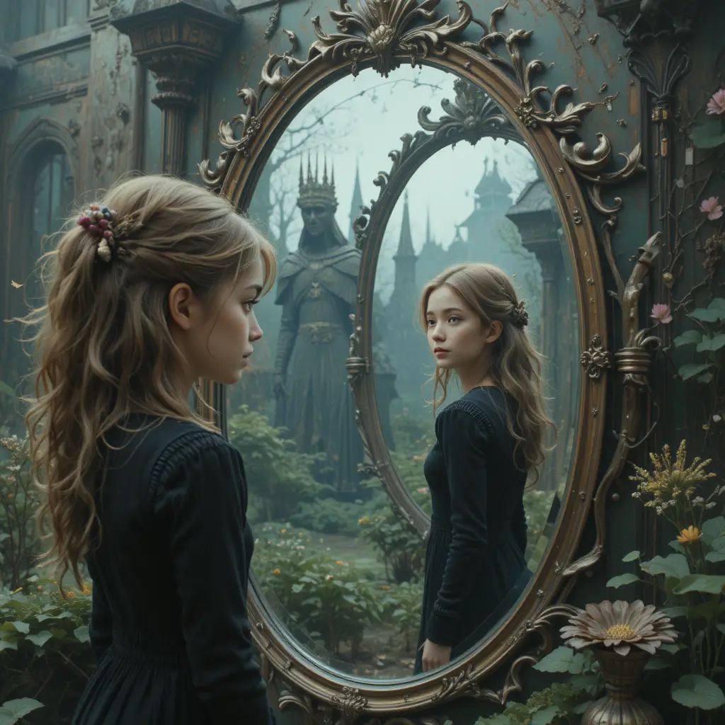 Girl facing her mysterious opposite self in a mirror