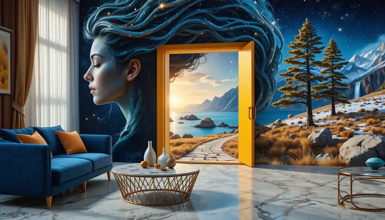 Surreal woman with cosmic hair opening into dream landscape