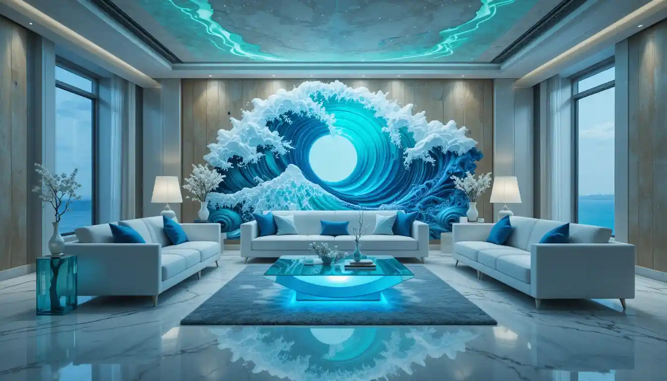 Futuristic living room with luminous 3D ocean wave mural