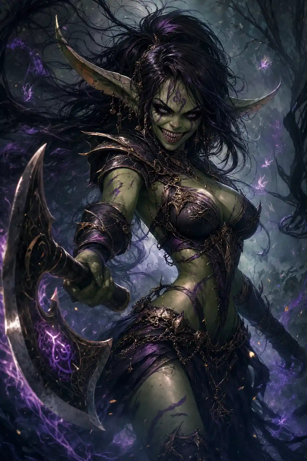 Goblin warrior woman in mystical forest with battle axe