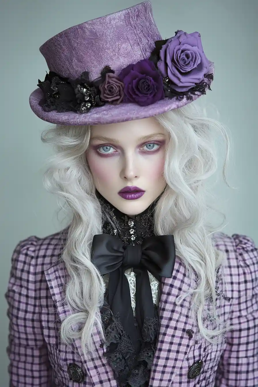 Surreal fashion portrait of a woman in purple Victorian attire