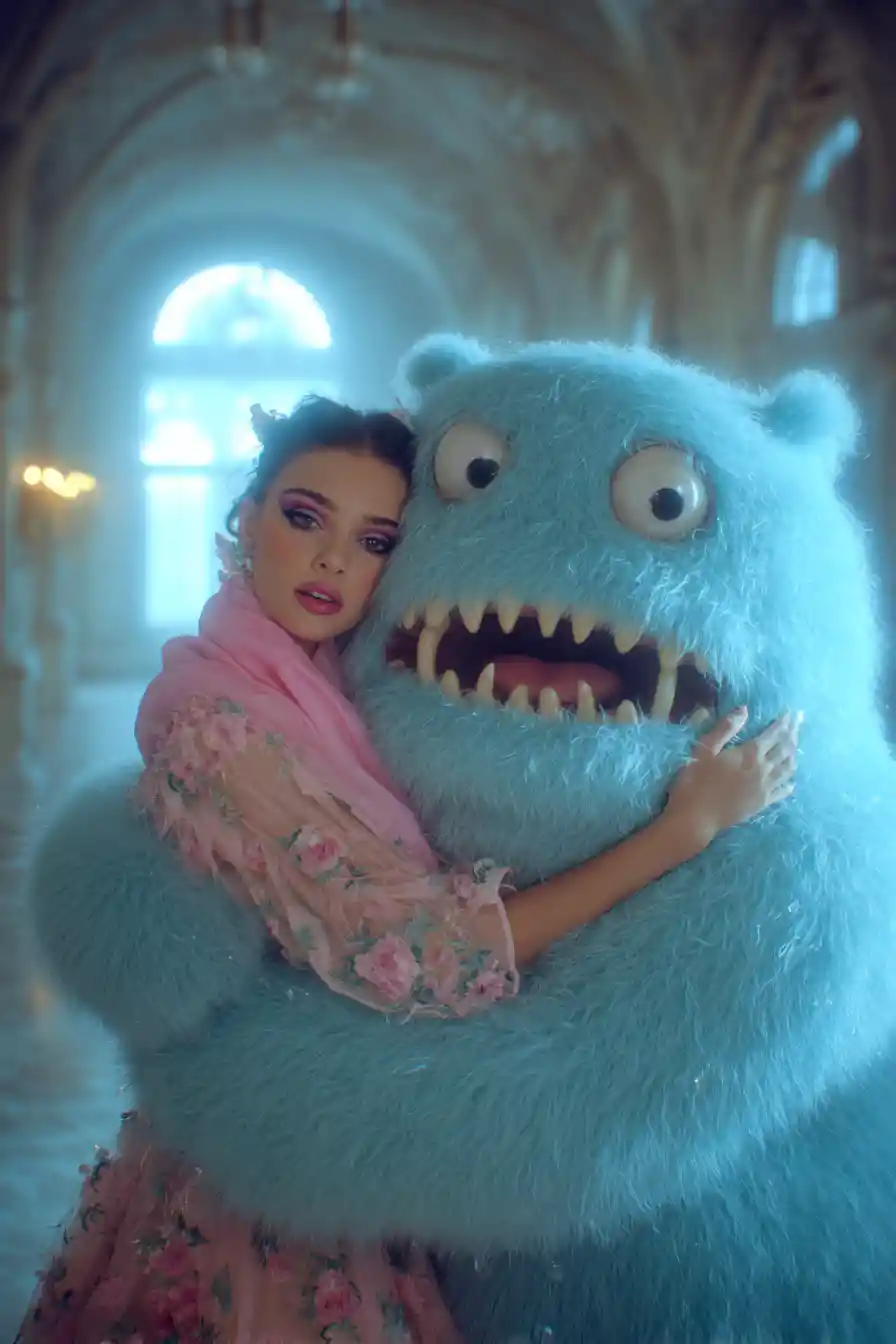 Woman hugging blue cartoon monster in ornate hall