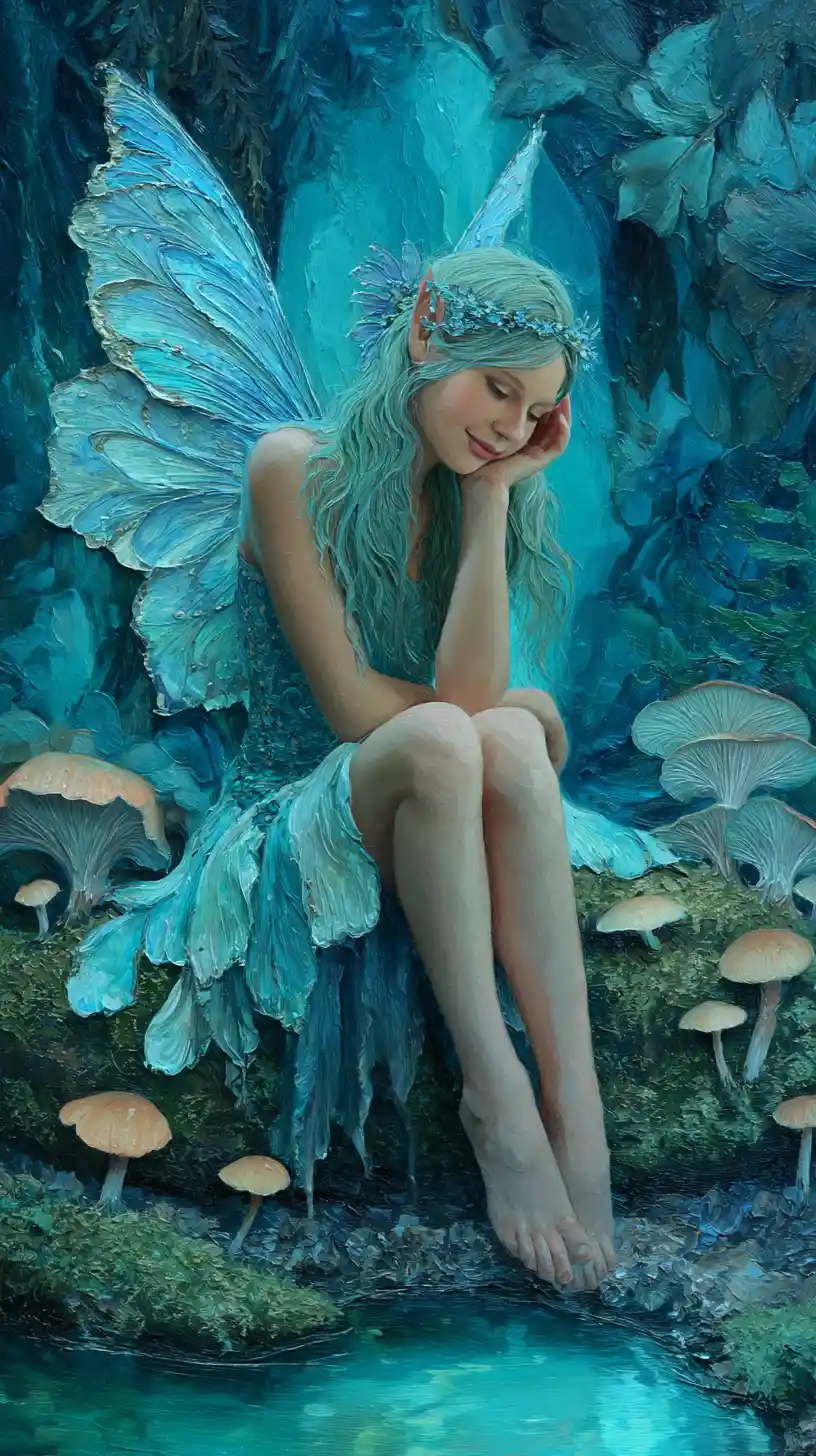 Water fairy resting on mossy stone in enchanted grotto