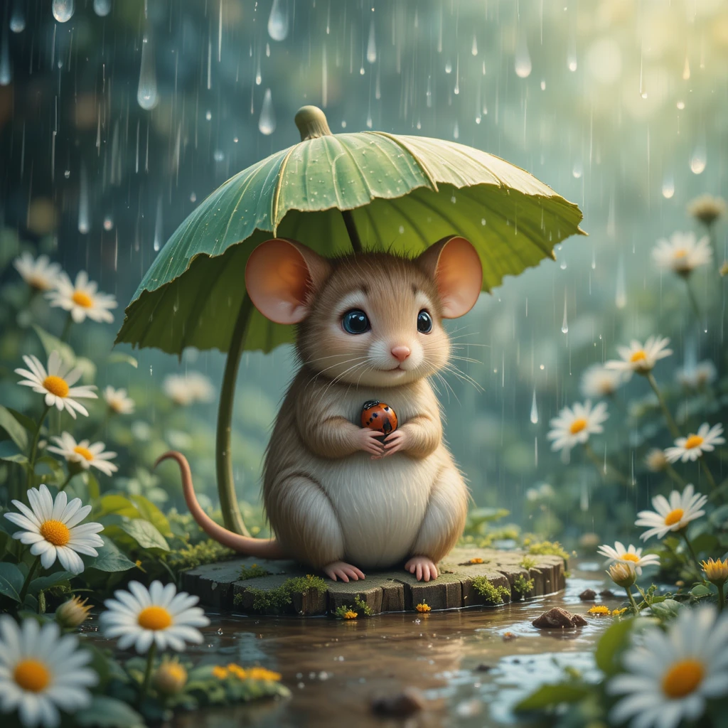 Tiny mouse sheltering under a leaf in the rain