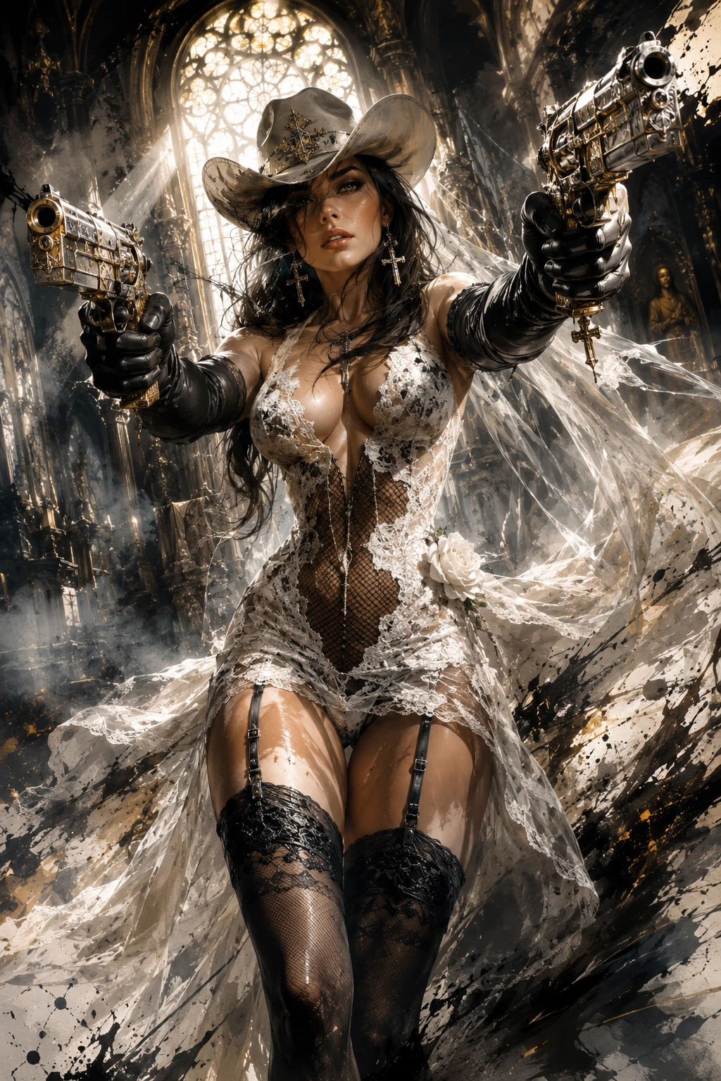 Armed woman in lace gown in ruined gothic cathedral