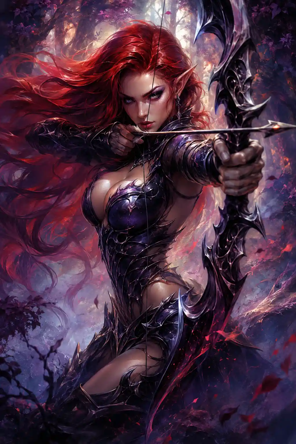 Dark elf archer in a mystical forest aiming her bow