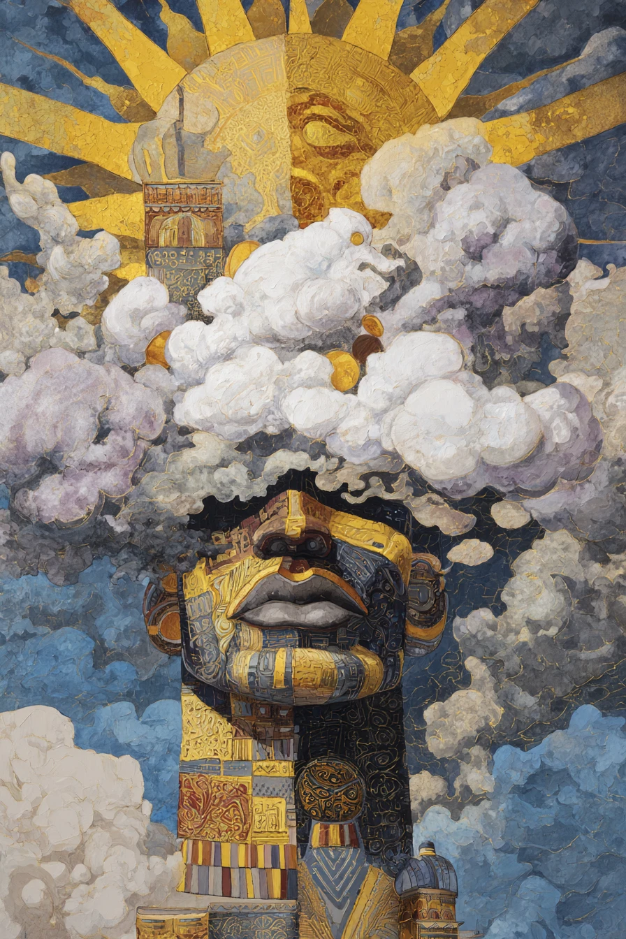 Yoruba sky deity surrounded by radiant celestial sunlight