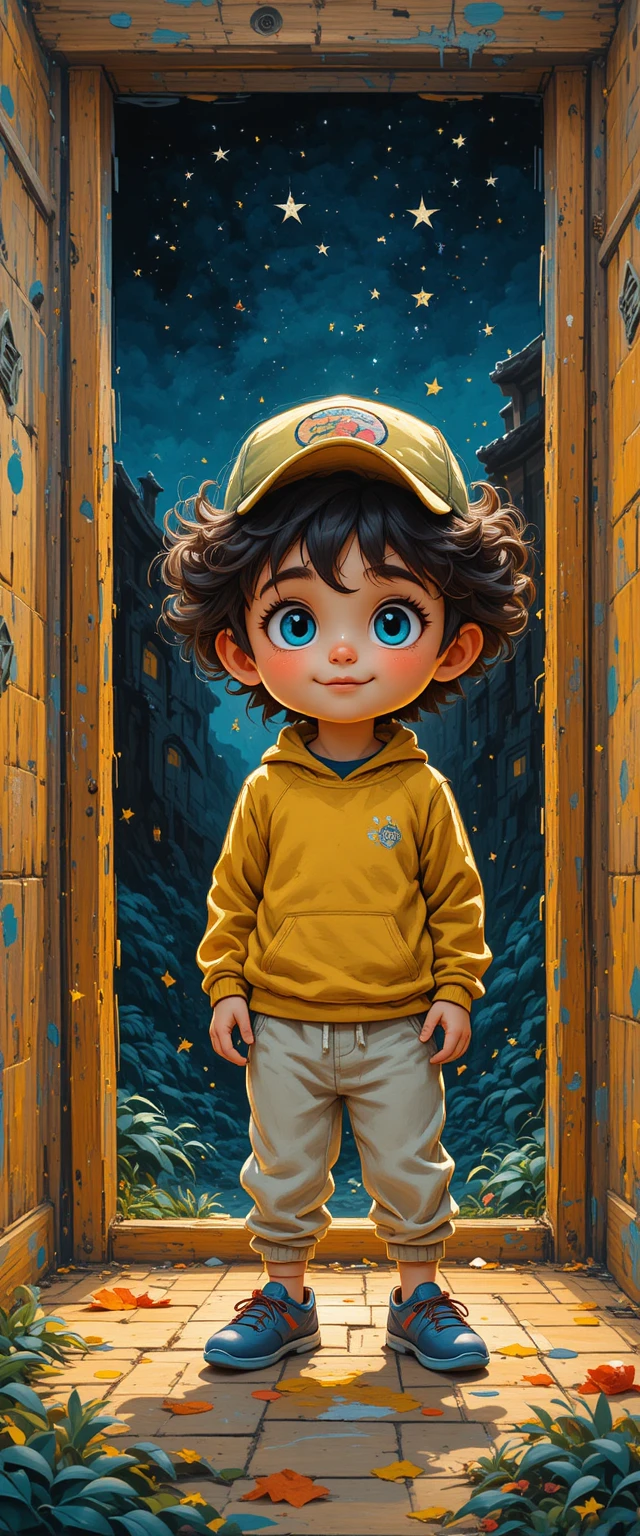 Child before a magical starry door in dark bathroom