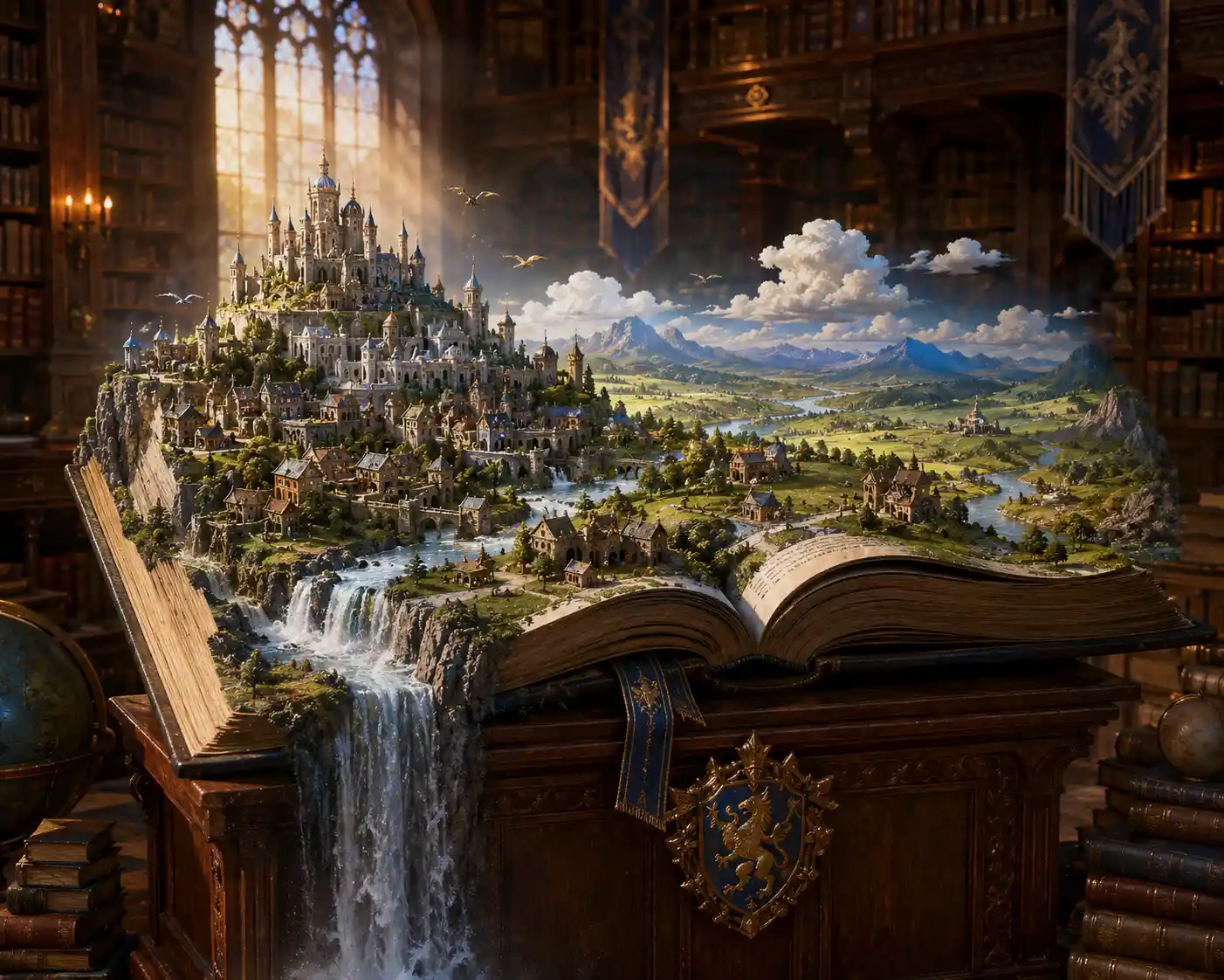 Fantastical city rising from an open book on a podium