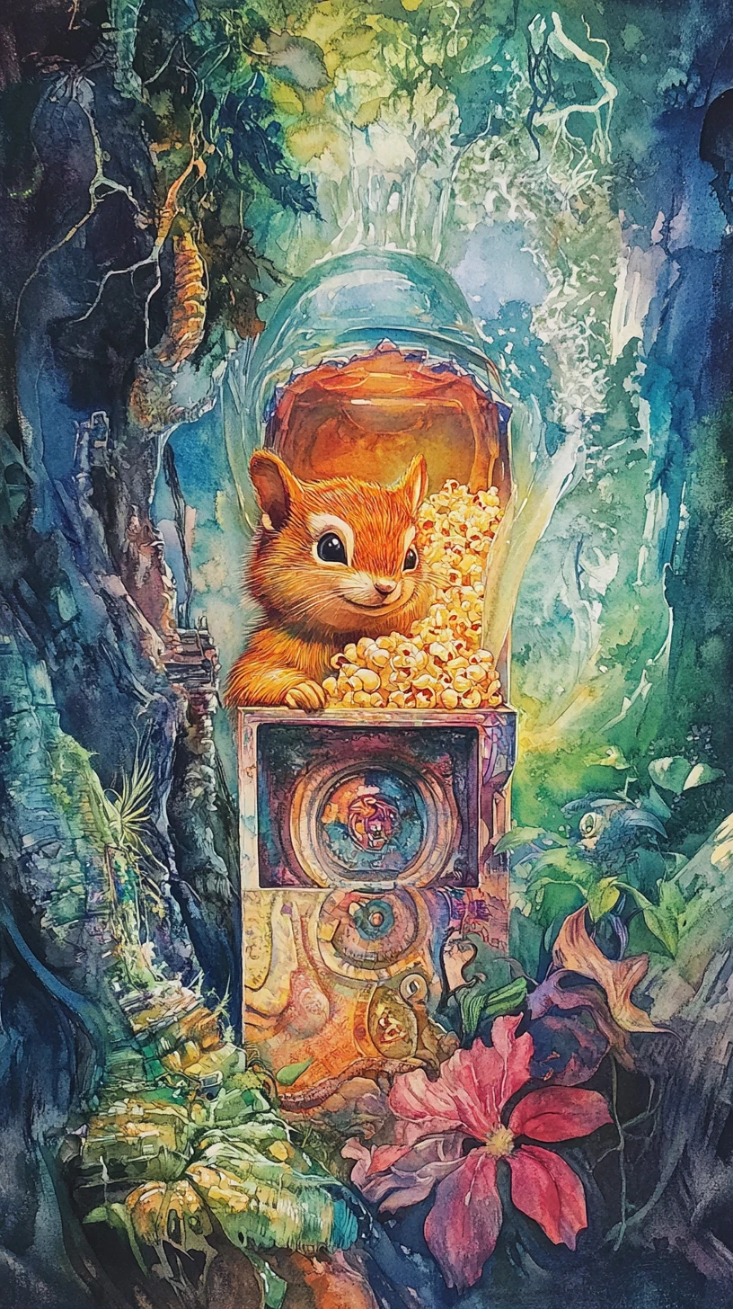 Happy chipmunk portrait in a lush jungle watercolor scene