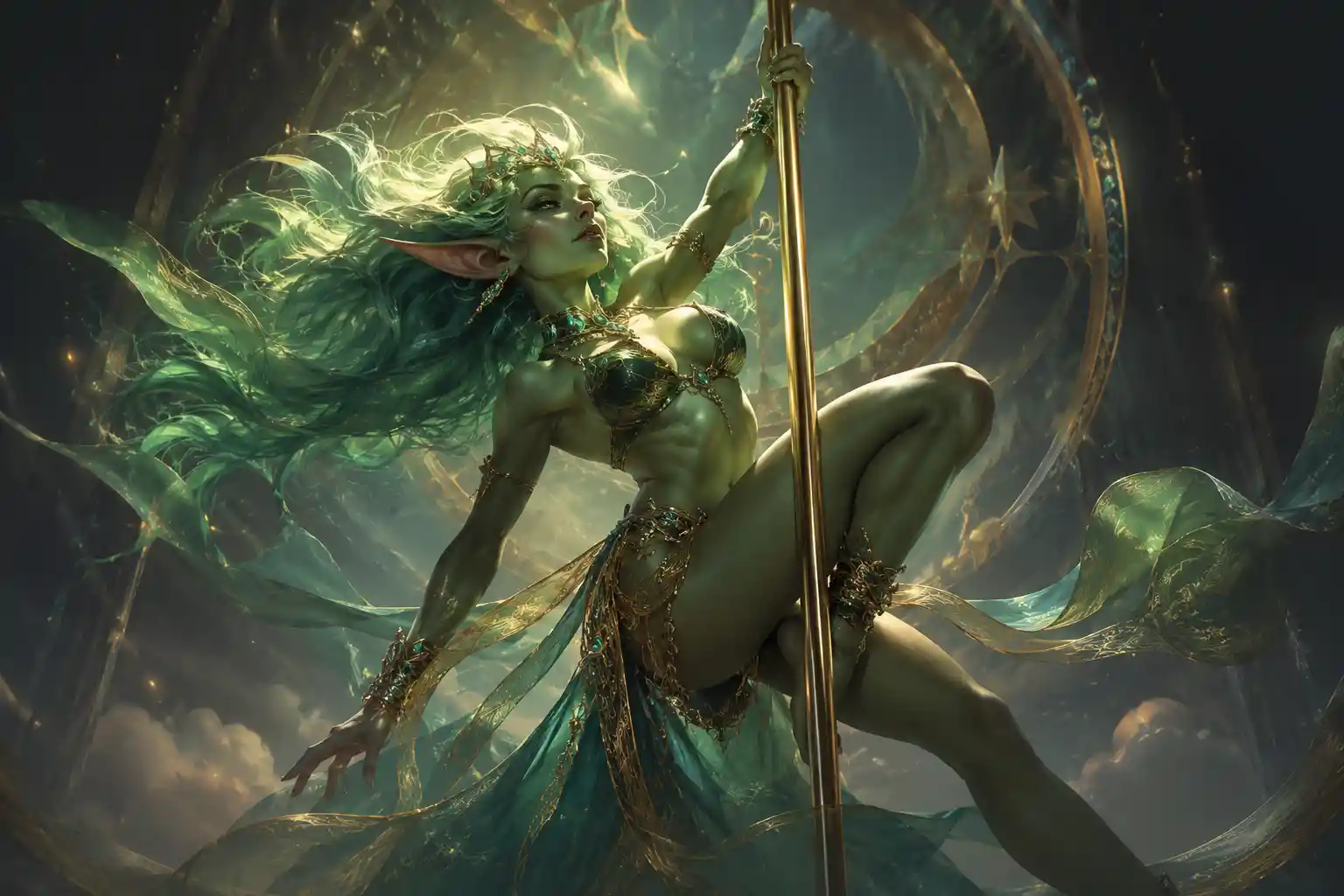 Green skinned goblin woman dancing alone on stage