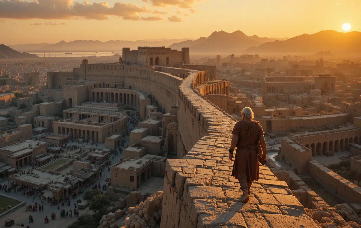 Aged hero walking along the towering walls of Uruk
