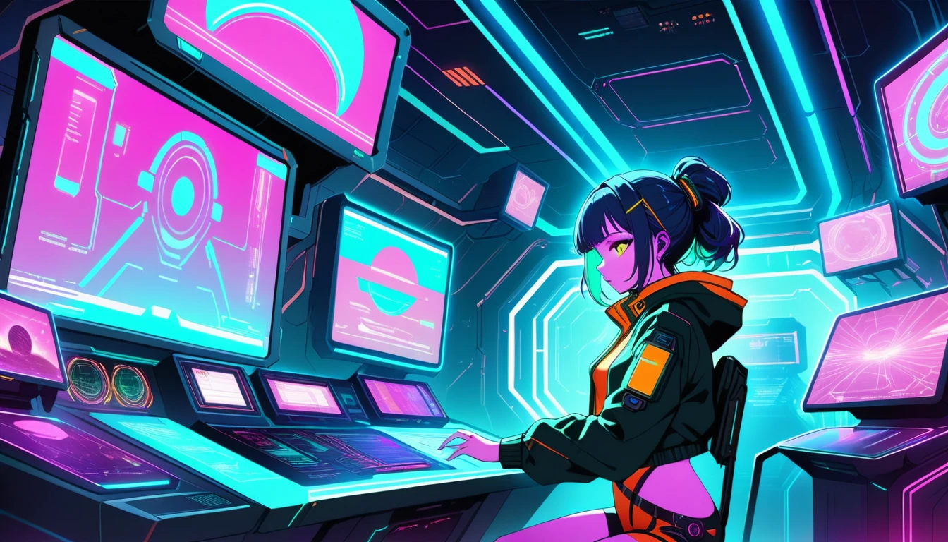 Anime hacker girl in a neon futuristic control room
