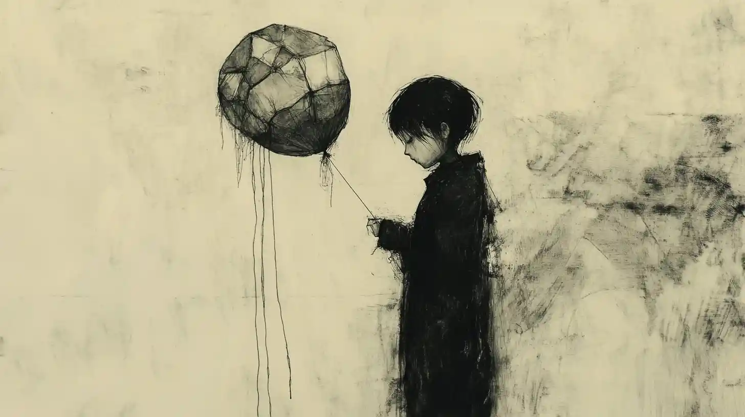Small creature with patchwork balloon in soft surreal scene