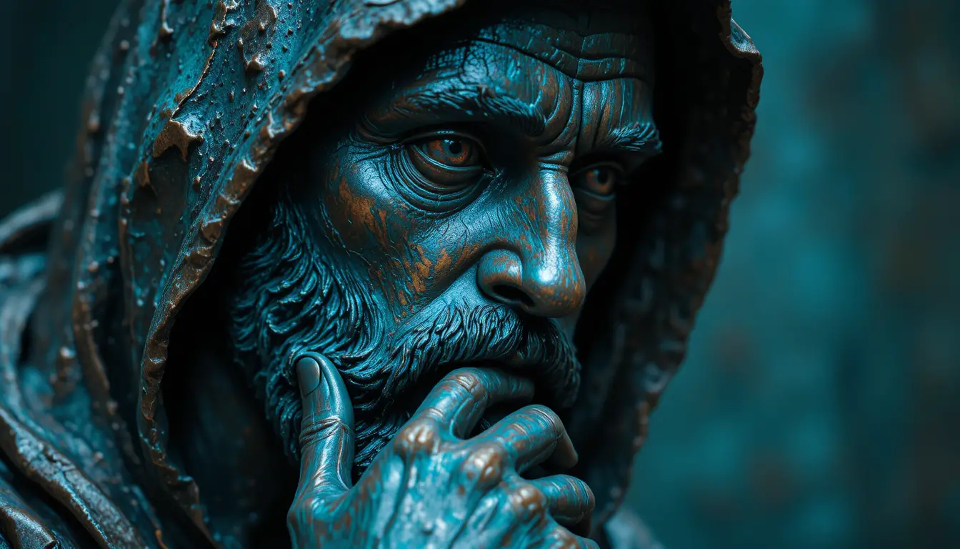 Portrait de statue en bronze d’un homme barbu contemplatif à capuche