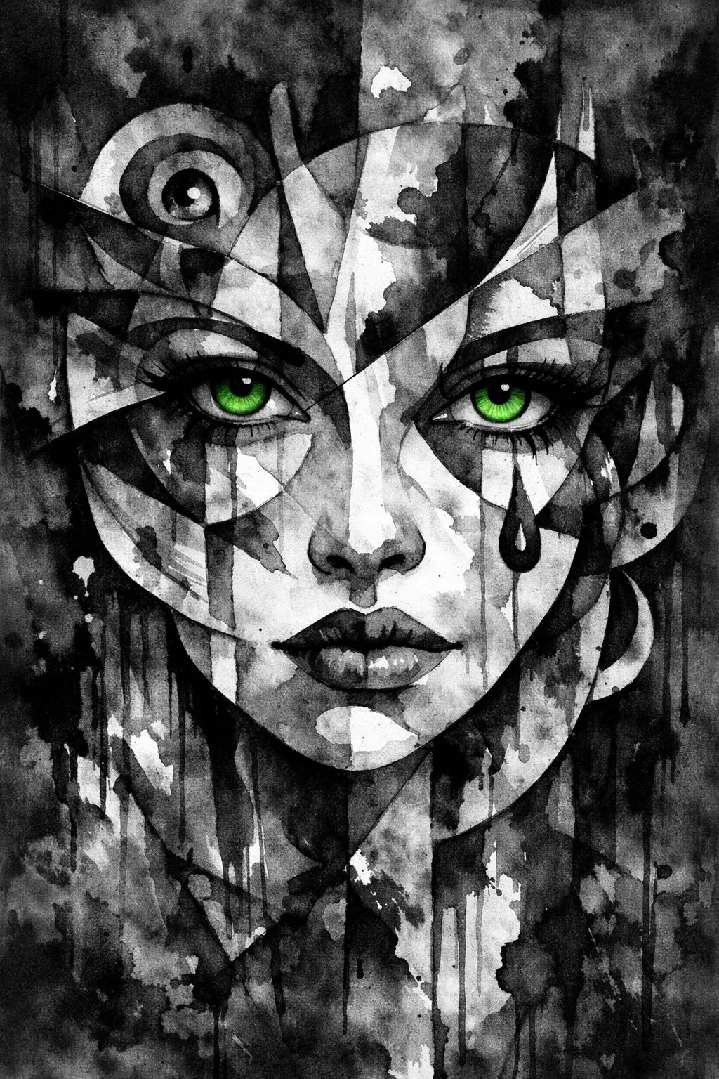 Abstraktes Aquarellporträt einer surrealen Frau mit grünen Augen