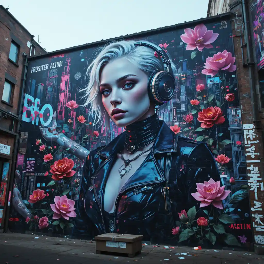 Cyberpunk fashion mural of a woman on brick wall