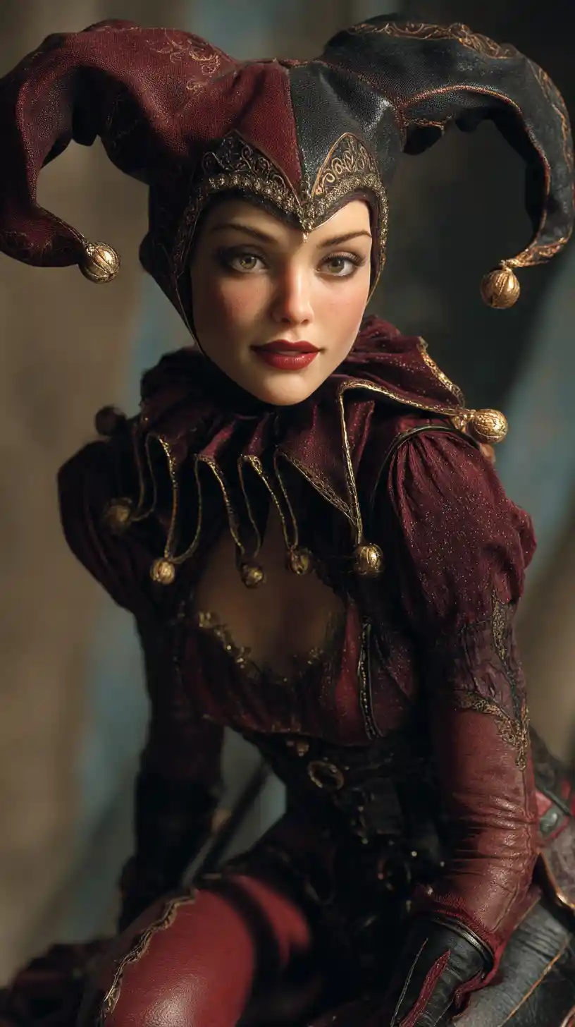 Cinematic portrait of a female court jester in rich velvet costume