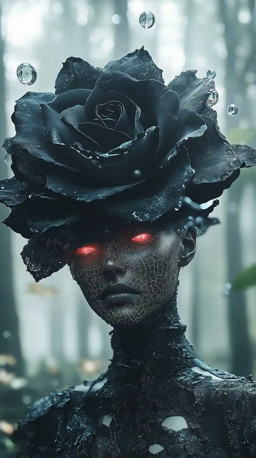 Surreal woman with black rose head in misty forest