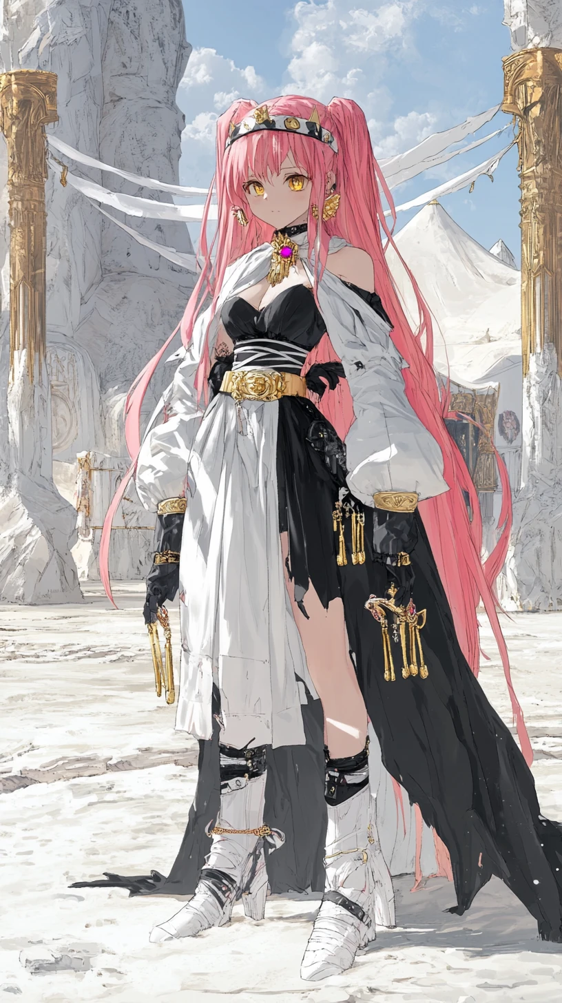 Anime girl in a white desert camp with ancient statue