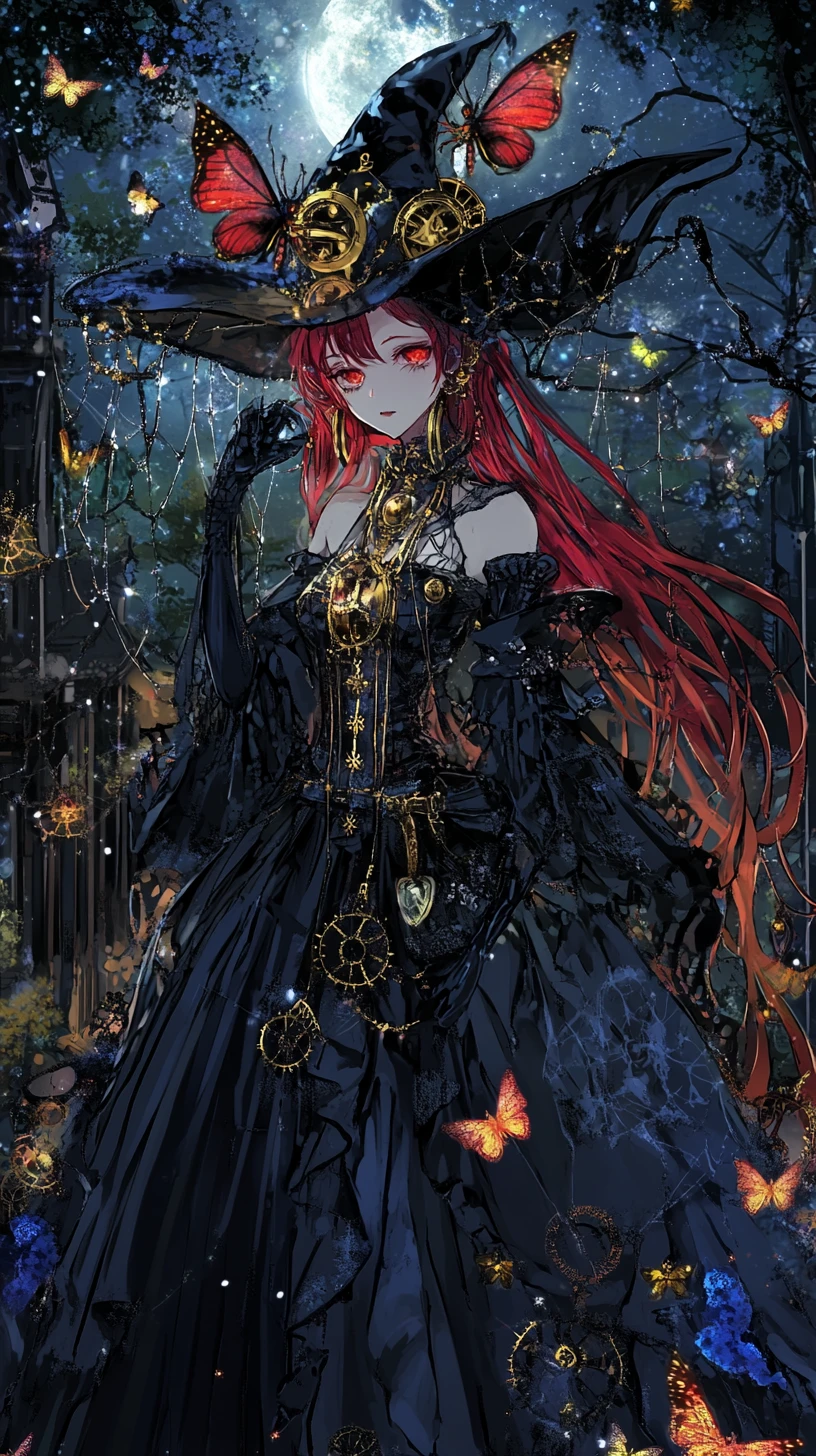 Red haired witch girl at a Japanese temple at night