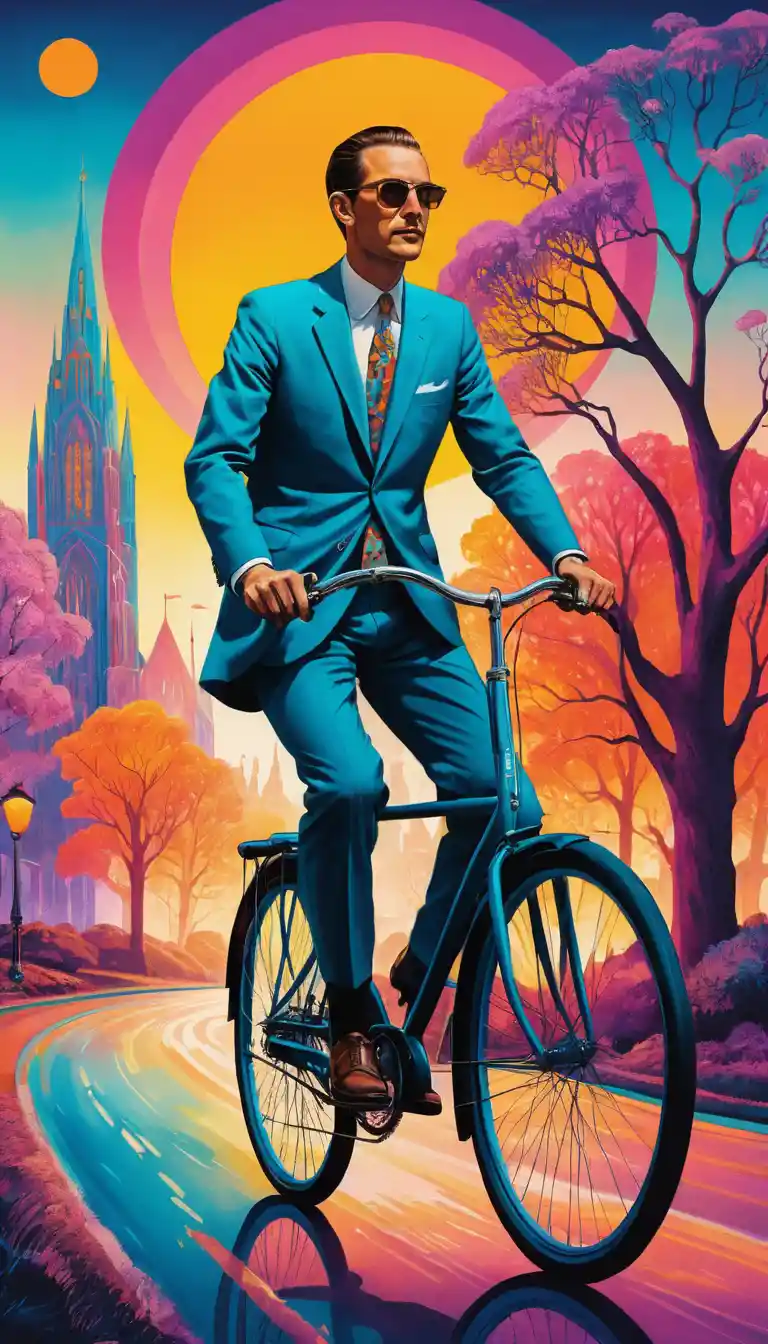 Man In A Suit Riding A Bicycle Through Surreal City