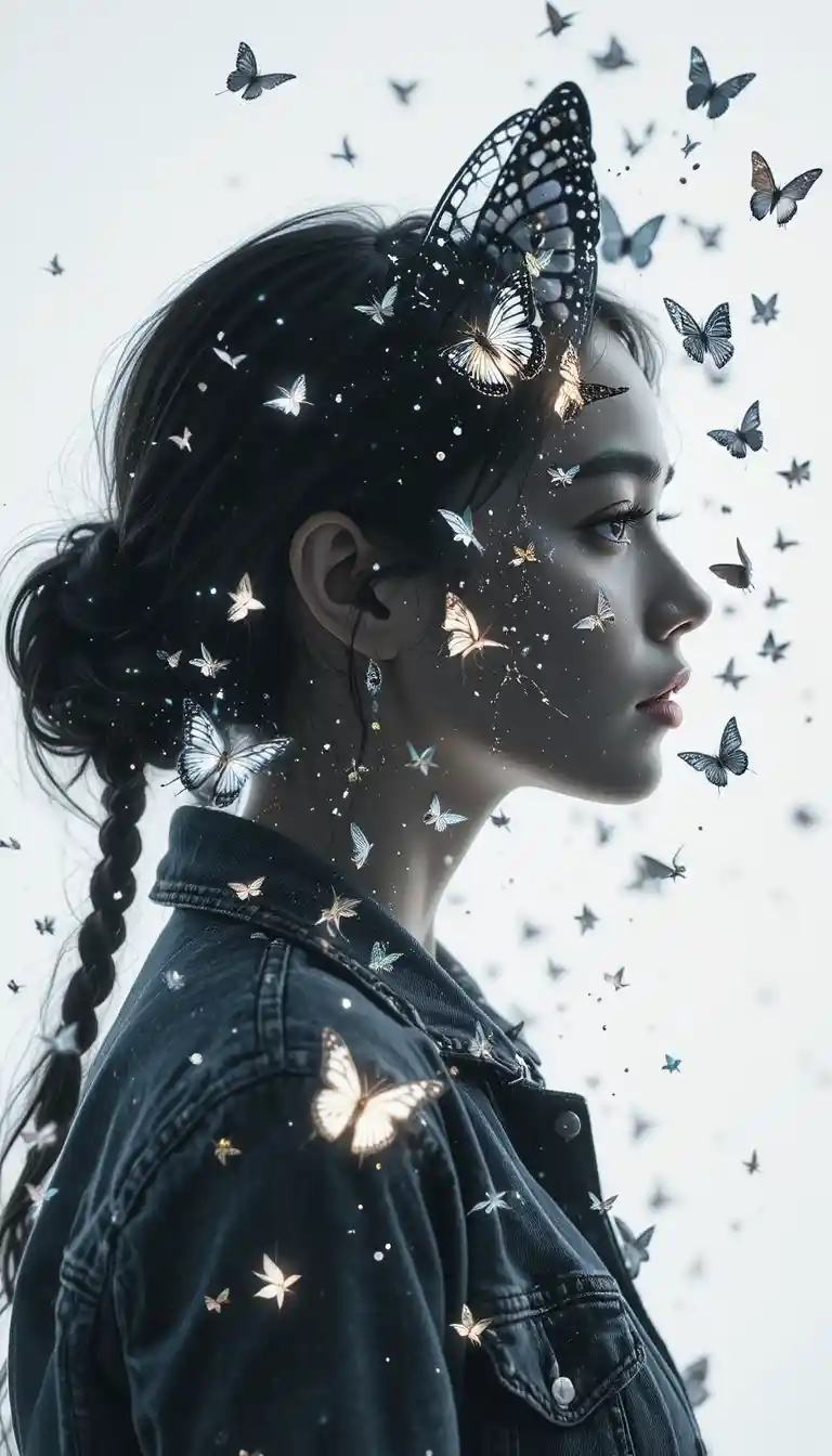 Woman in profile with butterfly double exposure portrait