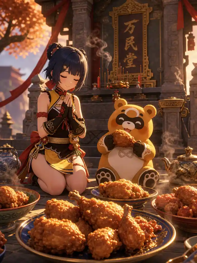 Anime chef praying at shrine with fried chicken offerings