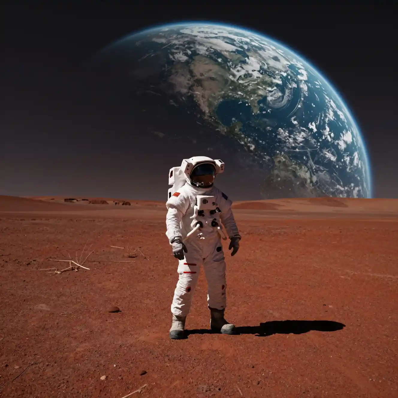 Lone Astronaut Standing On Mars Under Distant Earth