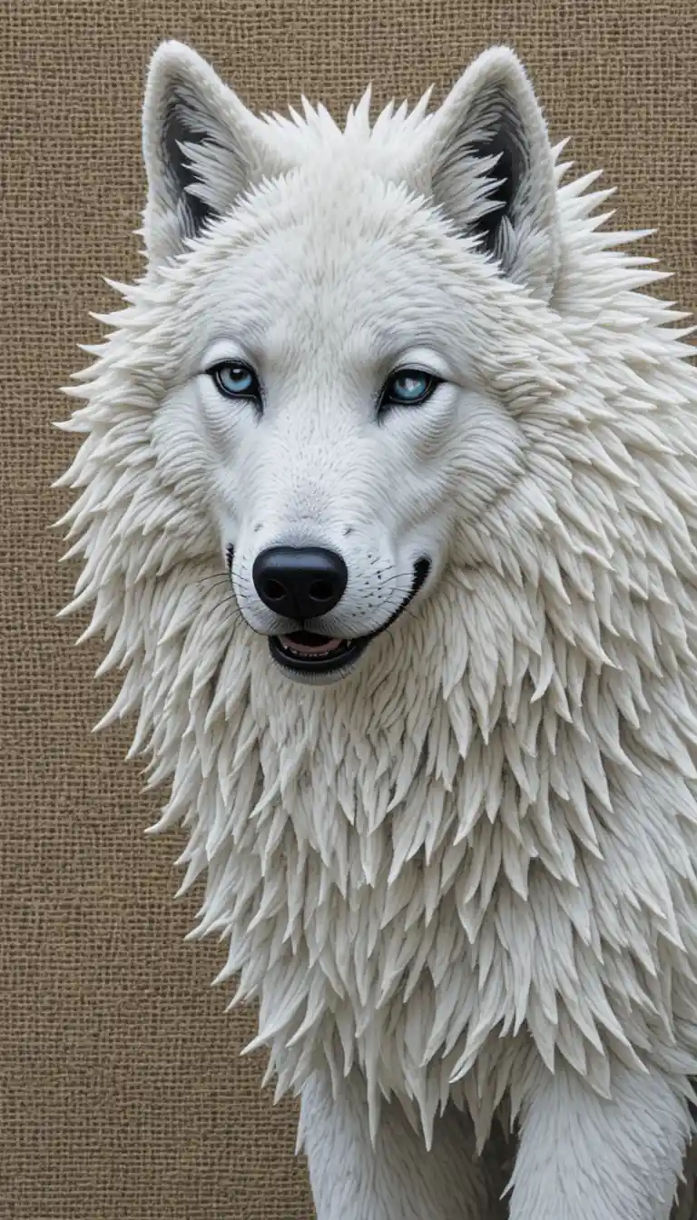 Fluffy white arctic wolf rendered as detailed canvas embroidery
