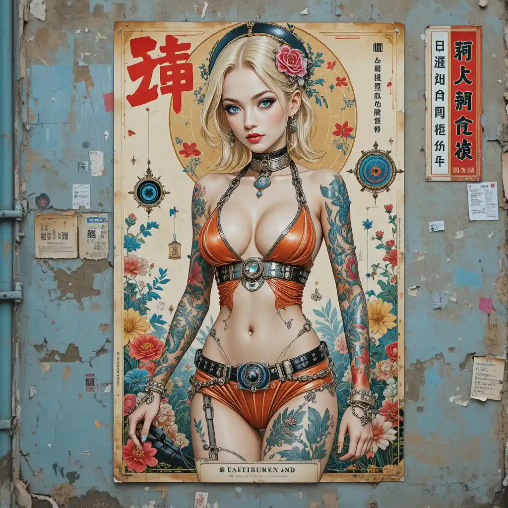 Cyberpunk blonde woman on colorful Japanese street poster