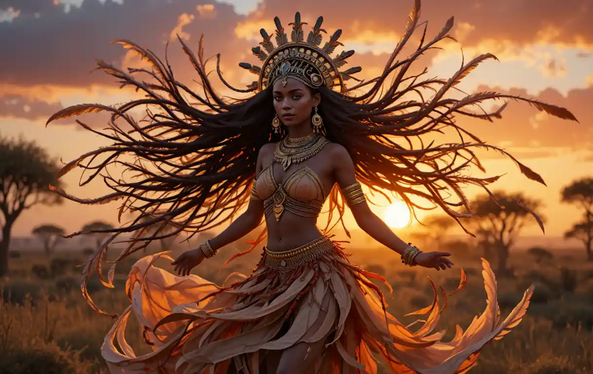 Joyful warrior woman dancing in a whirlwind at sunset