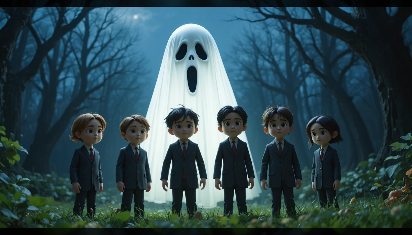 Pixar style scene of a scary masked killer stalking victims