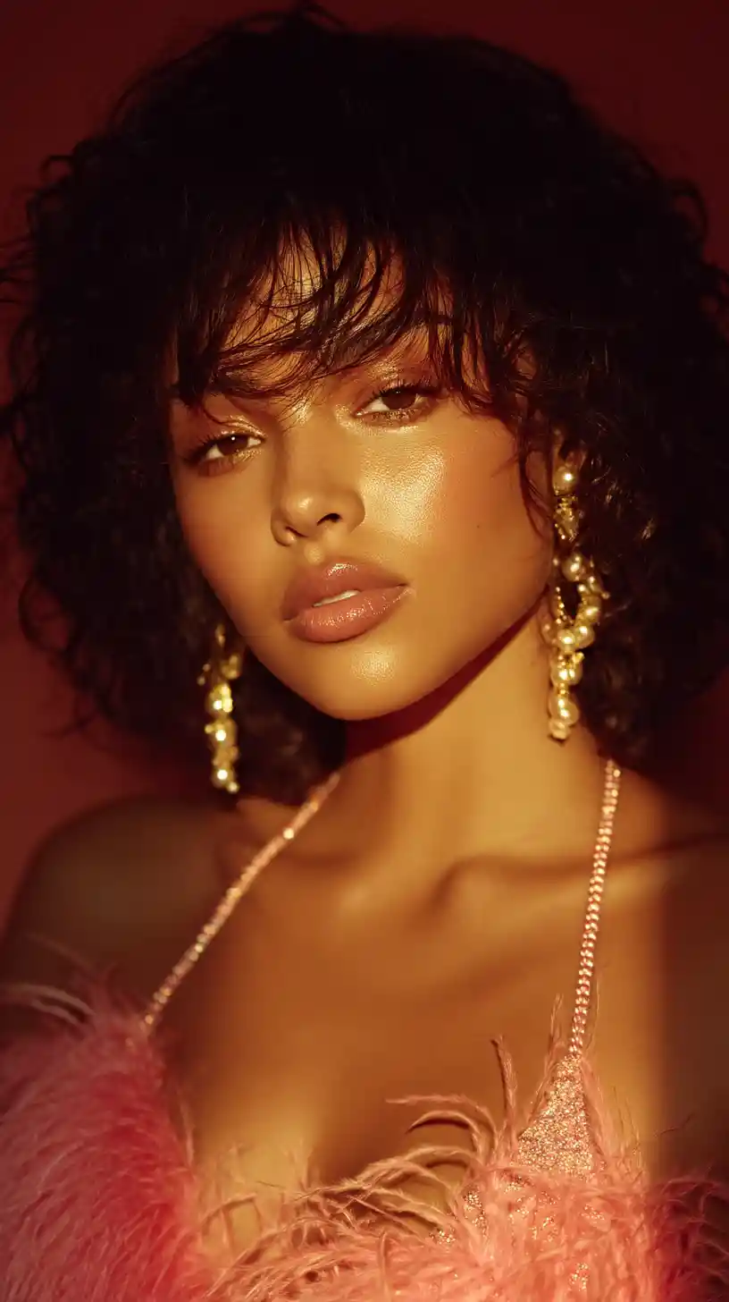 Cinematic close up portrait of a woman with pink glam makeup