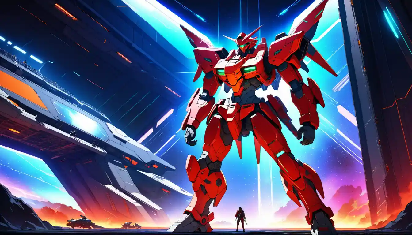 Anime mecha pilot before giant robot in futuristic hangar