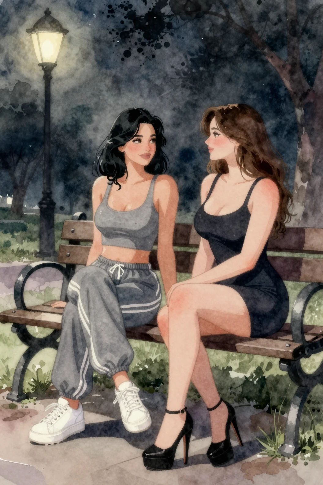 Two women on a park bench under a night streetlamp