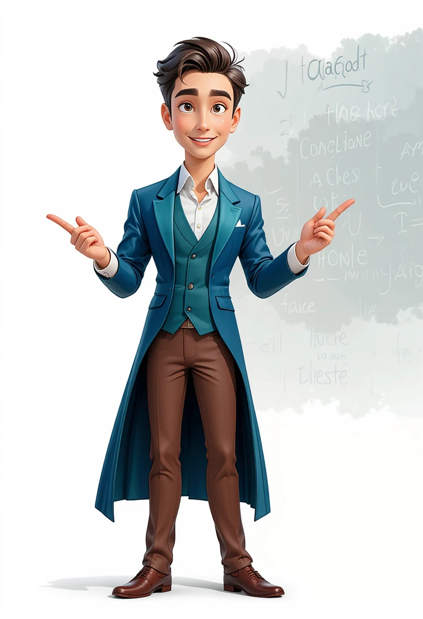 Smiling cartoon teacher pointing toward blank white space