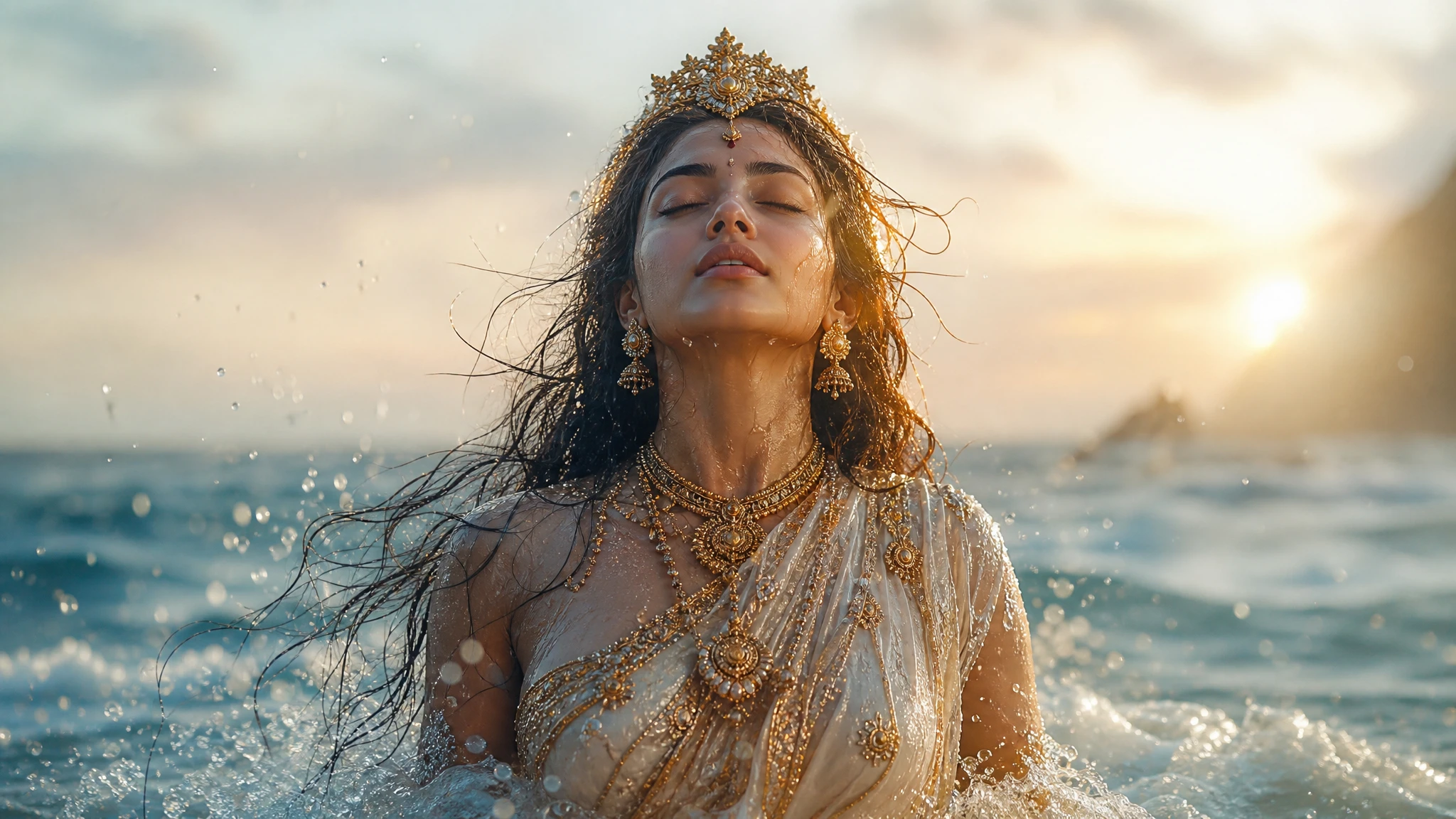 Close up of serene woman ascending in glowing seawater mist