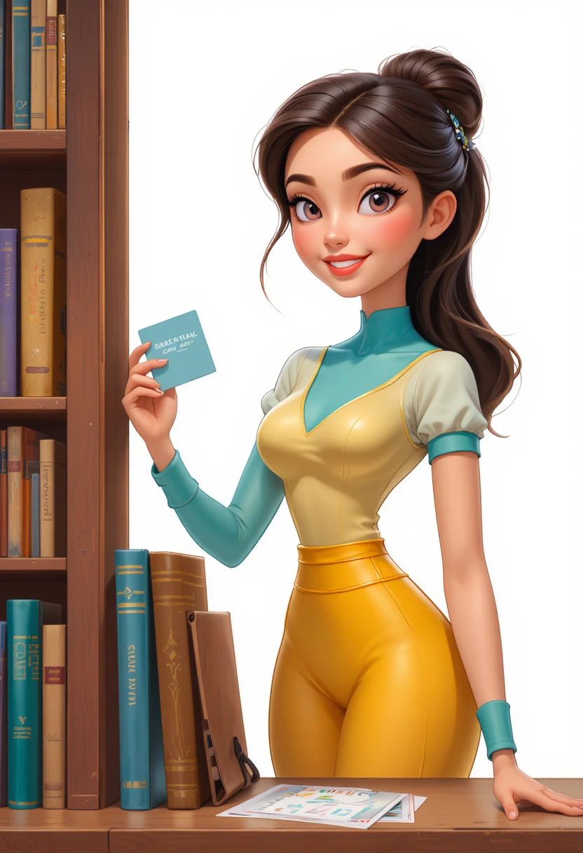 Young woman sliding a card between colorful books