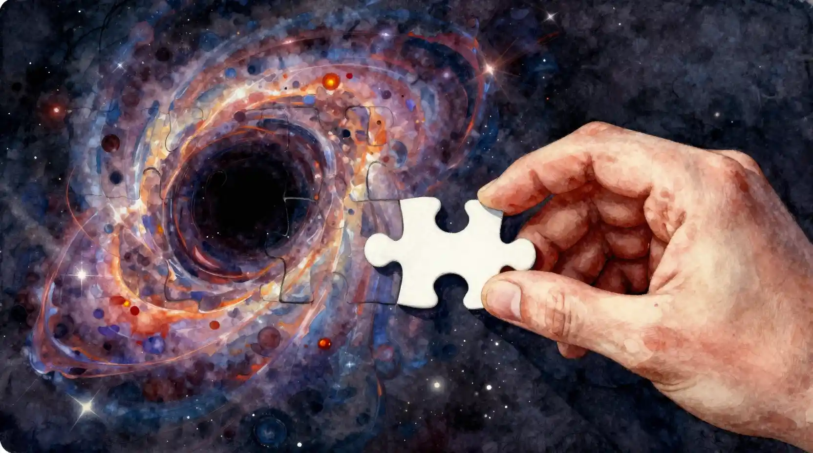 Surreal hand placing final puzzle piece into cosmic painting