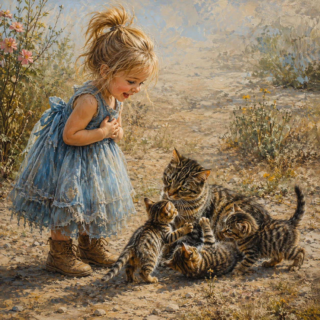 Little girl watching playful tabby cats in a field