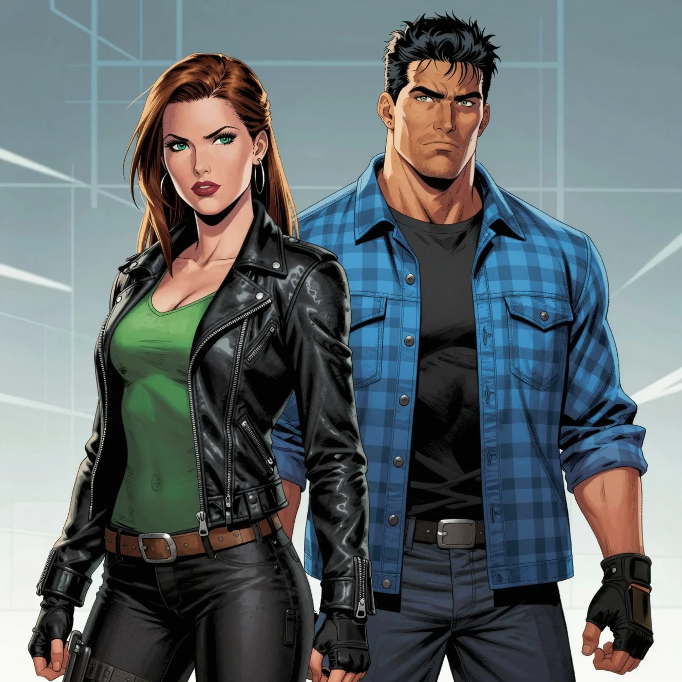 Confident woman and man in edgy modern outfits