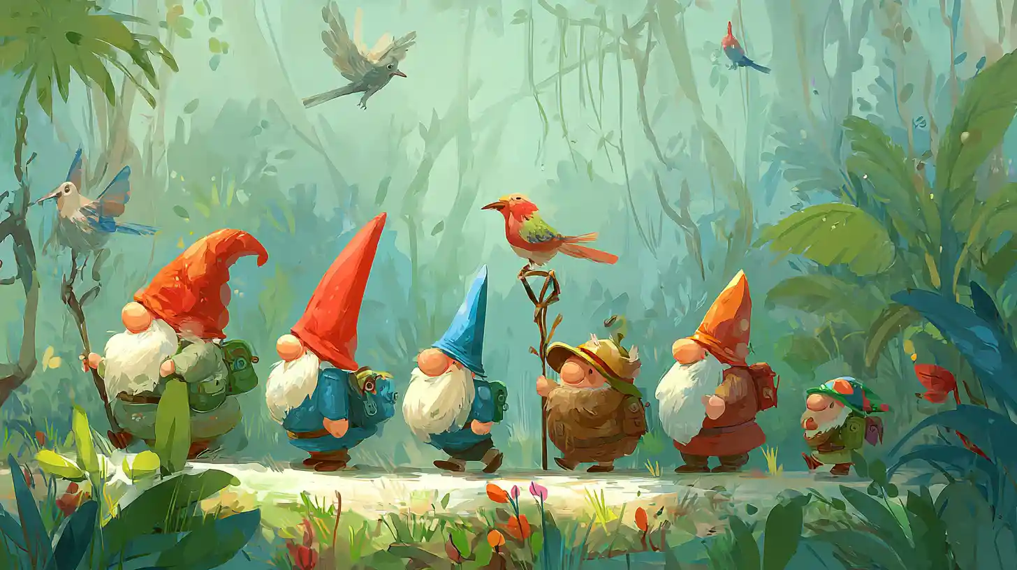 Playful line of gnomes walking through a magical forest