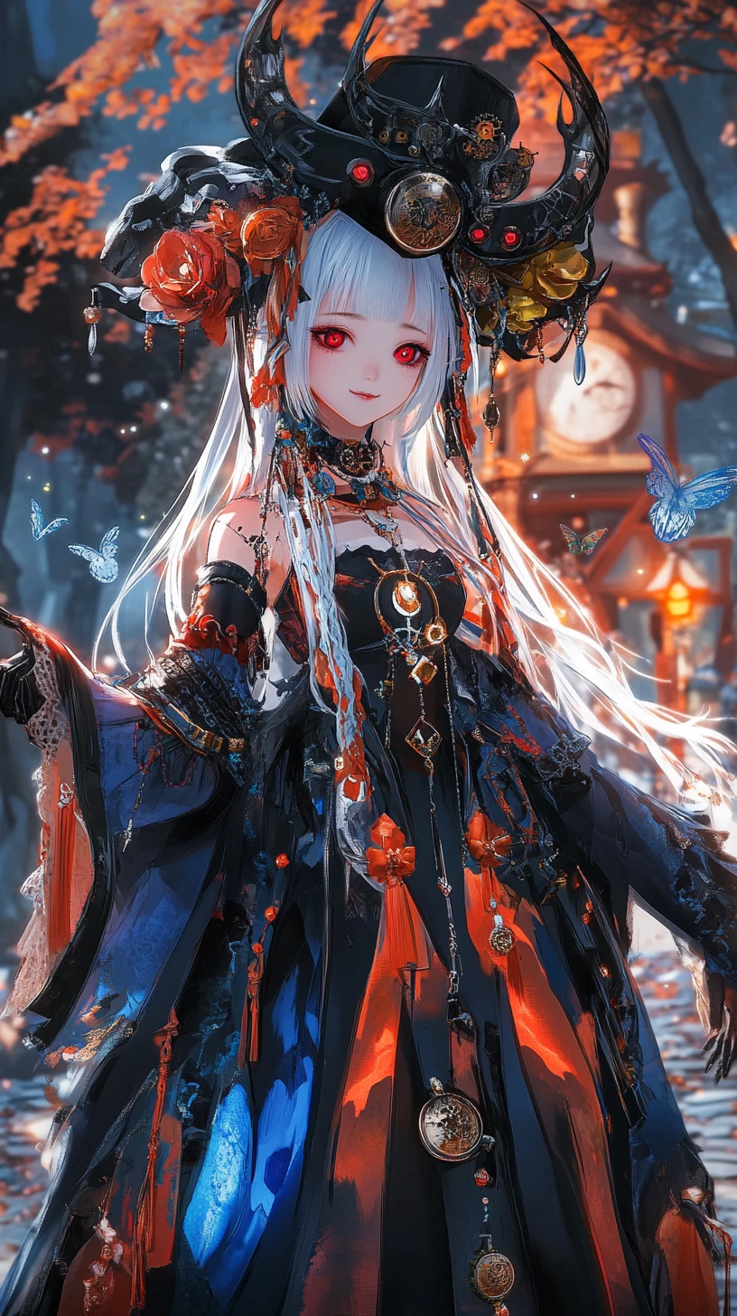 Anime witch girl at night by a Japanese temple